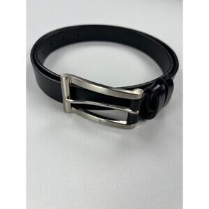 Kenneth Cole Black Leather Belt Silver Rectangle Buckle Fits 30.75-34.75 Waist